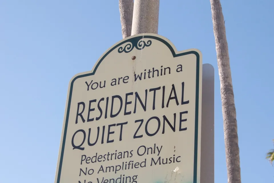 Close-up of "Residential Quiet Zone" sign.